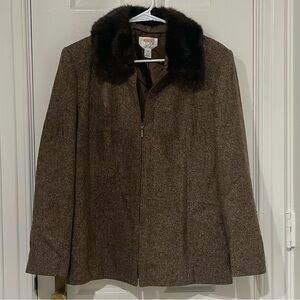 Talbots Petites Italian Fabric Herringbone Wool Coat w/ Faux Fur Collar | 14P